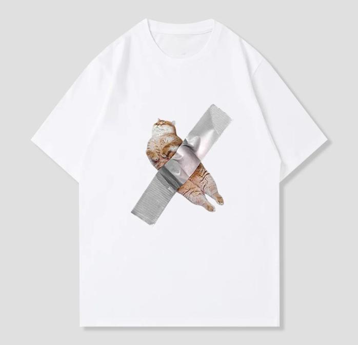

Trendy Funny Cat Taped Graphic T Shirt Cute Animal Meme Design Shortsleeved Tee Casual Versatile Streetwear Top for Cat Lovers 4XL