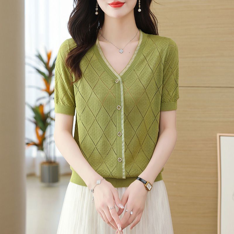 Summer V-neck Knitted T-shirt for Women Ice Silk Knit Sweater Loose and Thin Short Top