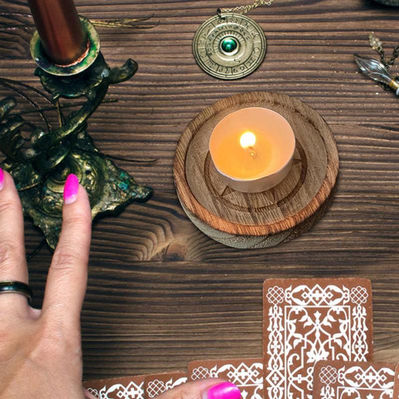Wooden Pentagram Plate Board Crystal Stone Base Candle Holder Pentacle Altar Astrology Divination Props Wicca Ceremony Supplies