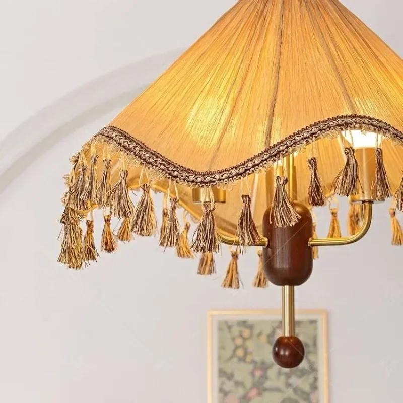 Retro Fabric Pendant Light Tassel Ceiling Chandelier Led Hanging Lamp for Bedroom Living Room Dining Table Decor