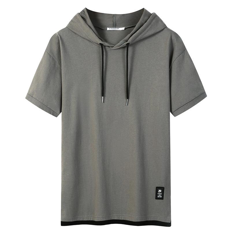 Kunhai Pengyun Men's Trendy Cotton Hooded Short-Sleeve T-Shirt - Loose Fit, Solid Color, Fake Two-Piece Design