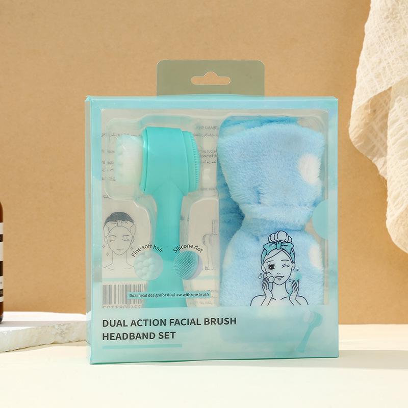 Dual-Sided Facial Cleansing Brush with Pore Blackhead Remover & Coral Fleece Bow Hairband