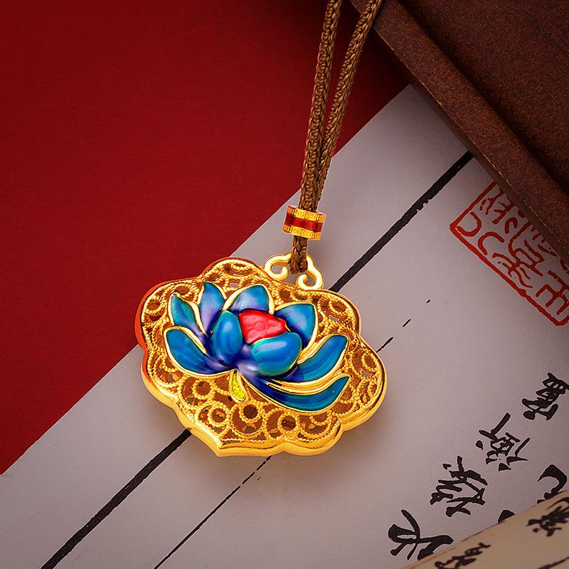 Meier Guochao high temperature enamel filigree cut out pendant sand gold ancient gold butterfly lotus compass necklace