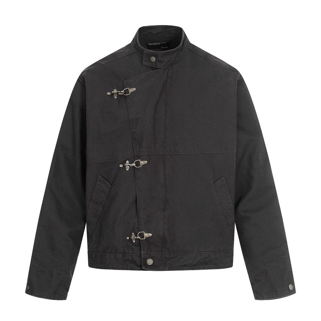 11KN Unisex Retro Distressed Workwear Jacket with Airplane Buckle and Wide Lapel