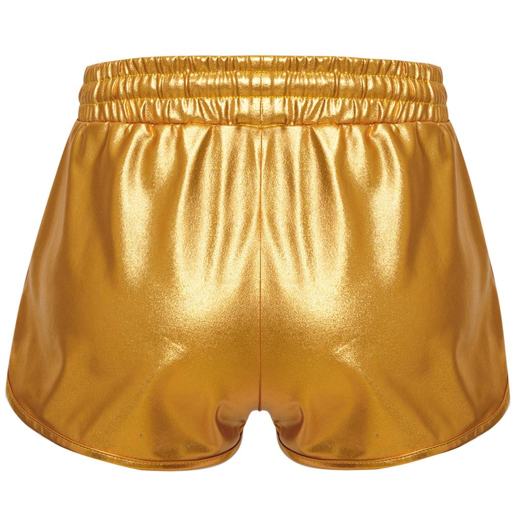 Meisjes Metallic Korte Broek Trekkoord Elastische Tailleband Glanzende Hotpants Dans Bodems Zakken Sportkorte Broek