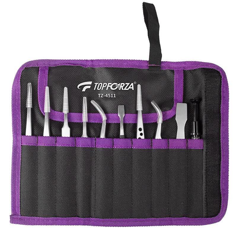 TOPFORZA TZ-4511 Professional Precision Stainless Steel Tweezers Set 10-Piece