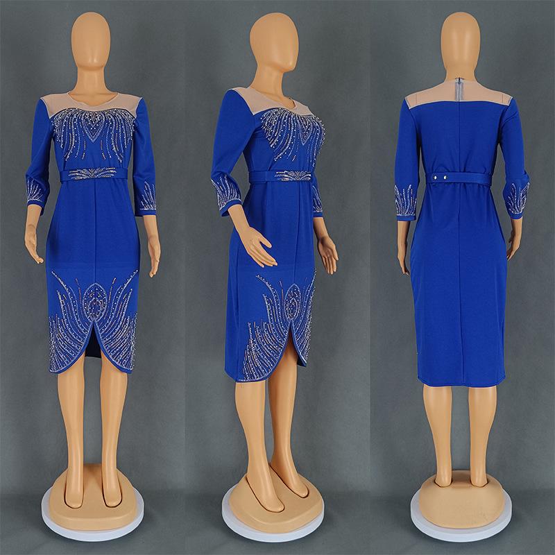 

African Fashion Women s Beaded Mid-Sleeve Evening and Commute Dress 8619 XL синій