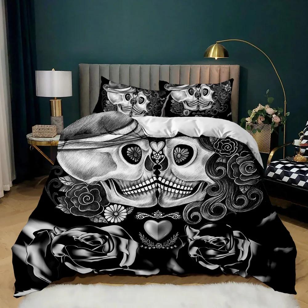 Skull Duvet Cover Set Rose Twin Skeleton Kiss Comforter Cover Teens Gothic Skeleton Double Queen King Size Polyester Qulit Cover