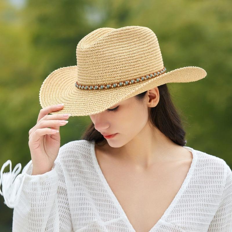 Big Eave Hat Cowboy Hat Female Versatile Sunshade Papyrus Western Cowboy Hat Summer Sun Protection Beach Fisherman Straw Hat