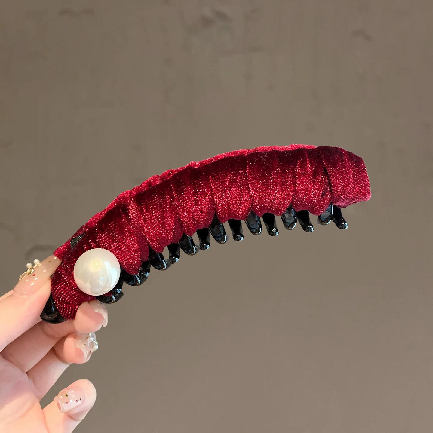 Корейский бархатный банан с жемчугом - Шикарный ретро аксессуар для волос для высокой прически