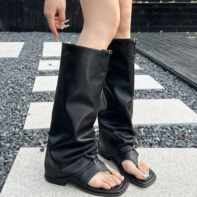 Fashion Knee High Women Cool Boots Sandals Square Toe Flats Shoes 2025 Summer Designer Clip Toe Slippers Sexy Party Zapatillas De Mujer