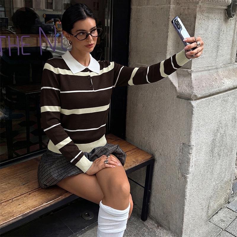 2026 A/W Retro Maillard Color Block Striped Polo Sweater