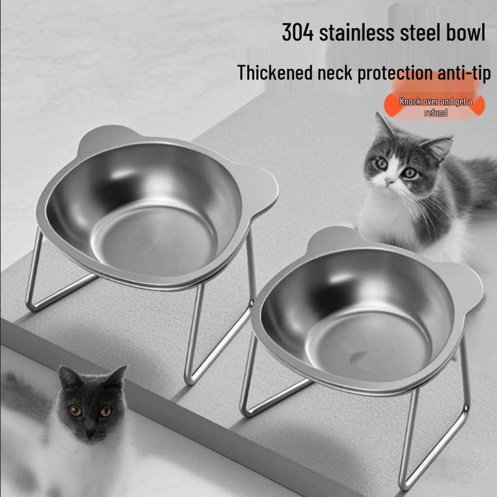 Cervical-Friendly Anti-Knock Pet Bowl: 304 Stainless Steel Slanted Rice & Water Bowl