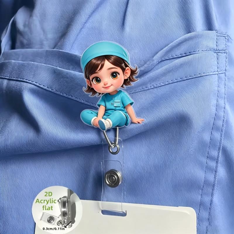 1Pcs 2D Flat Acrylic Badge Holder Retractable Id Badge Holder Scratch-Resistant Cartoon Nurse Badge Reel