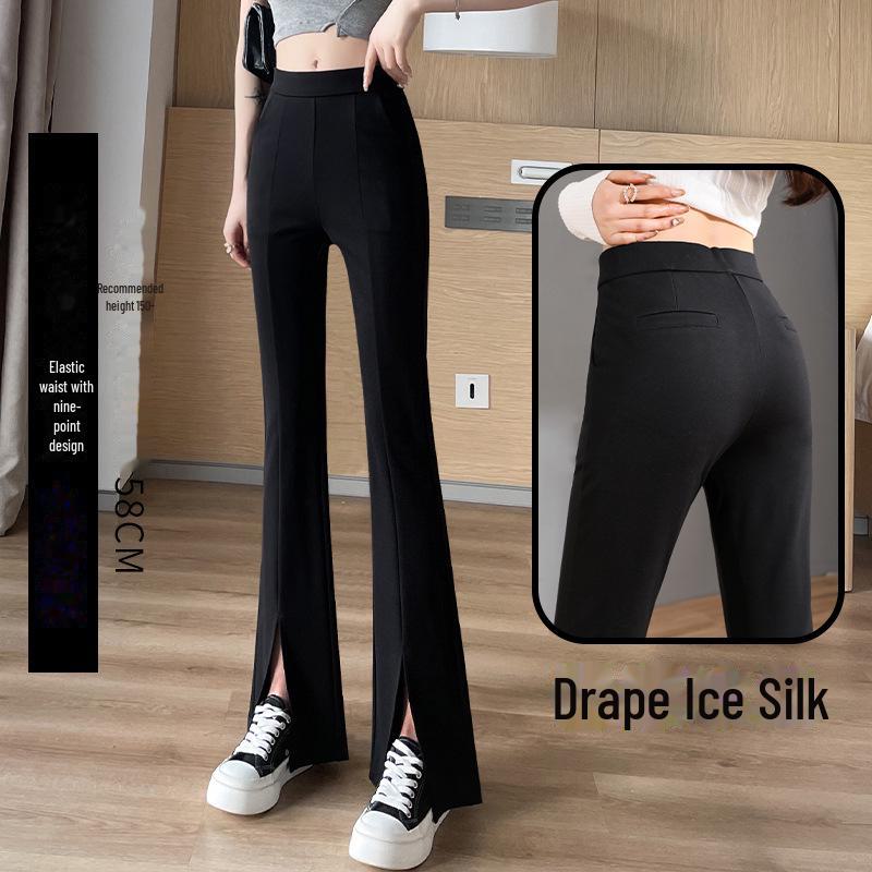 High-Waist Black Flared Pants for Women - Spring/Fall Slimming, Plus Size, Lightweight Front Slit Design