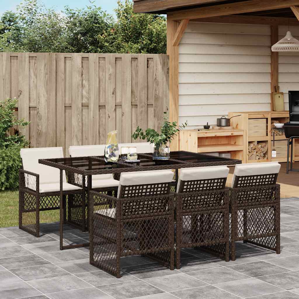 7 Piece Outdoor Dining Set with Cushions Brown Poly Rattan