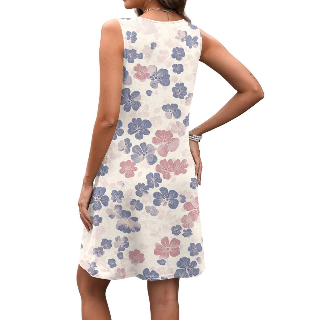 Women's Summer V-neck Casual Beach Vacation Style Retro Floral Print Sleeveless Patchwork Dress