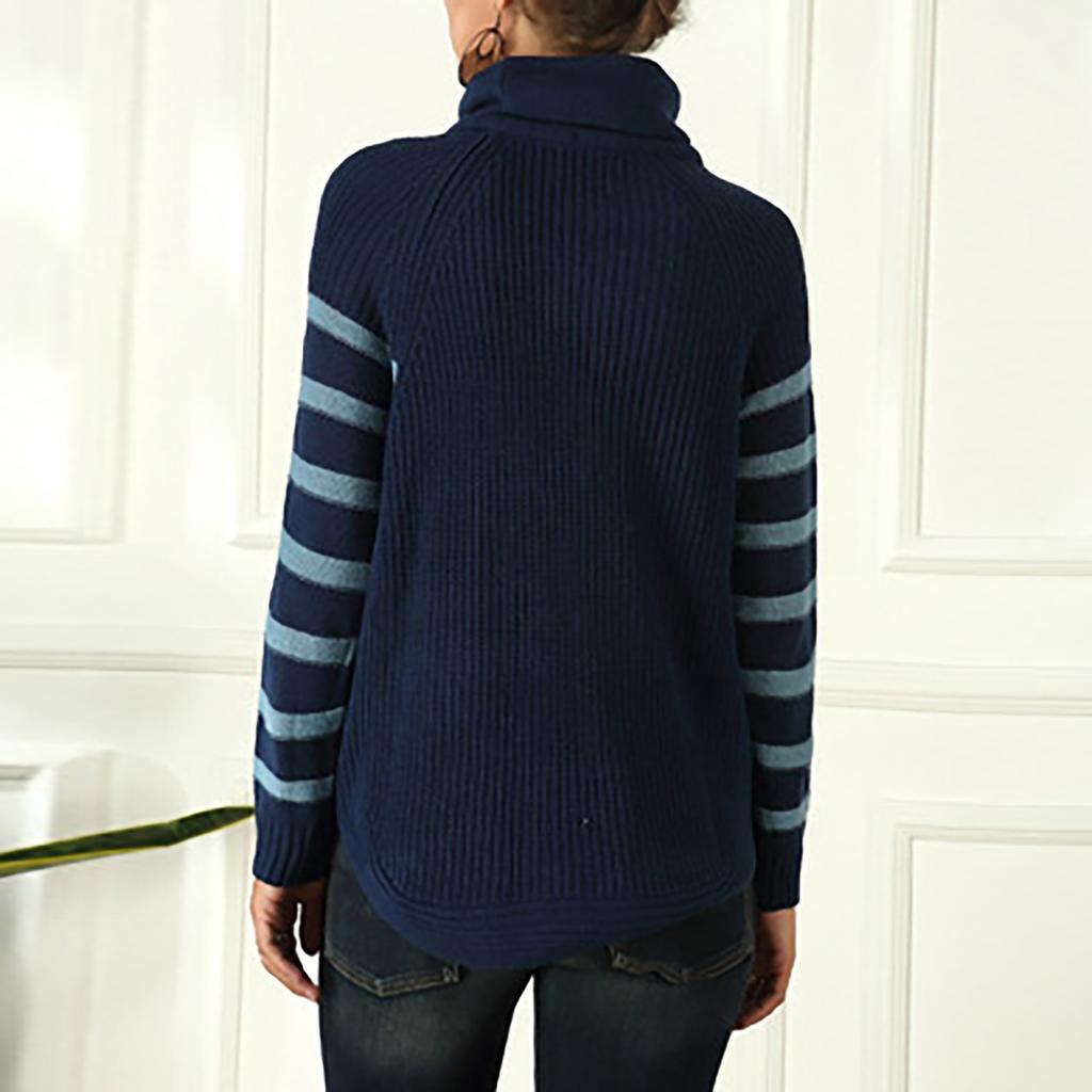 Women's Fashion Loose Classic Warm Winter Striped Turtleneck Long Sleeve Knit Sweater