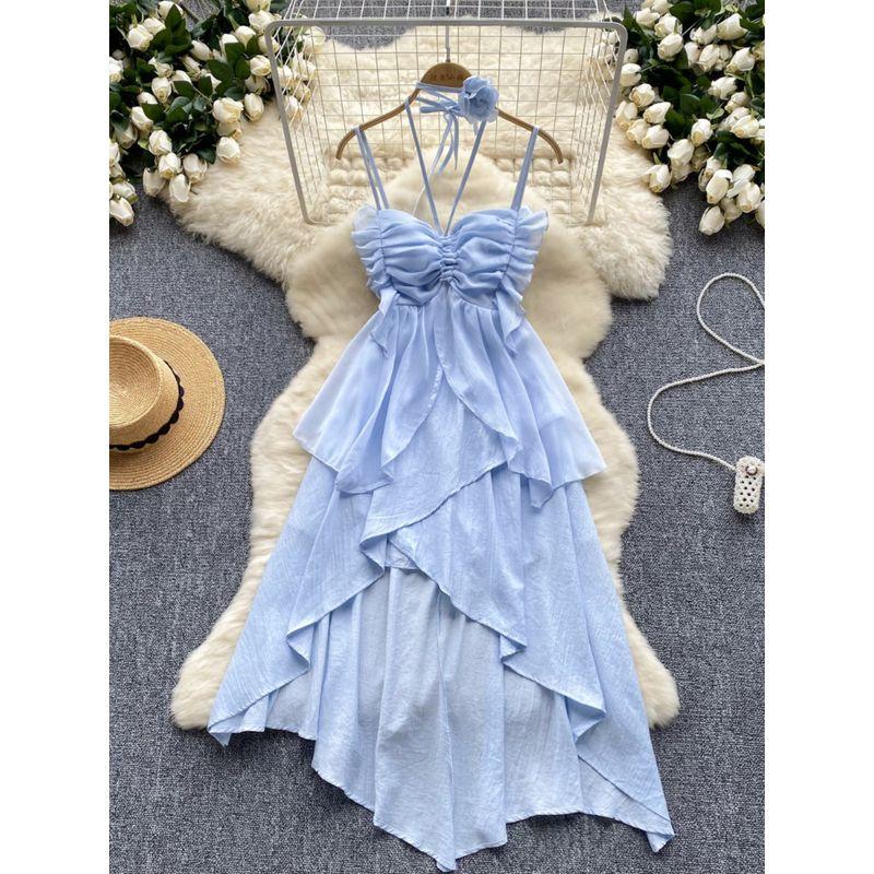 Pure Desire Style Sling Dress Women's Summer Wear New Design Sense Pleated Tube Top Halterneck Waist-Tight Asymmetrical Chiffon Dress