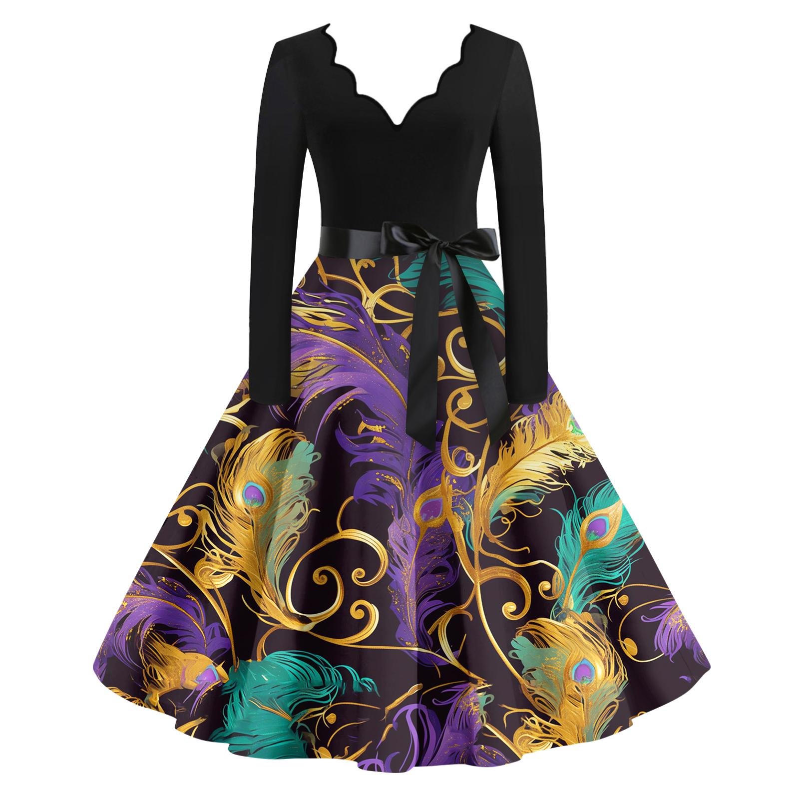 

Женское повседневное модное платье с V-образным вырезом и длинным рукавом с принтом в винтажном стиле XL