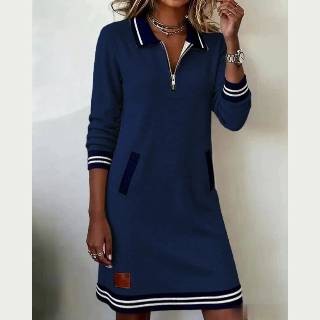 

Жіноча мода Весна-Осінь Лацкан Блискавка Довгий рукав Кольорове поєднання Кишеня Сукня XS темно-синього кольору