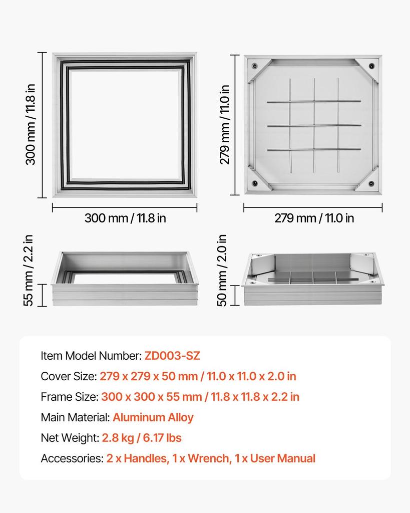 Manhole Cover with Frame, 300 X 300mm Invisible Recessed Septic Tank Access Covers, Aluminum Alloy Embedded Drain Channel Inspection Cover for