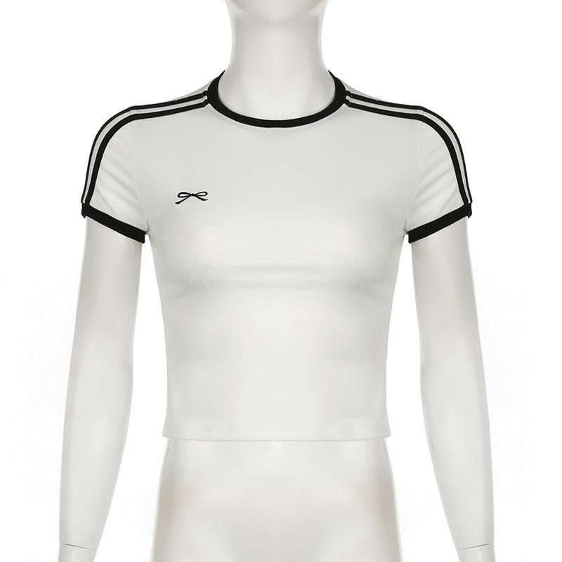 Contrast Embroidered Bow Crop Top Women Casual Striped Print Short Sleeve Slim White T Shirts Casual Streetwear Y2k Tees