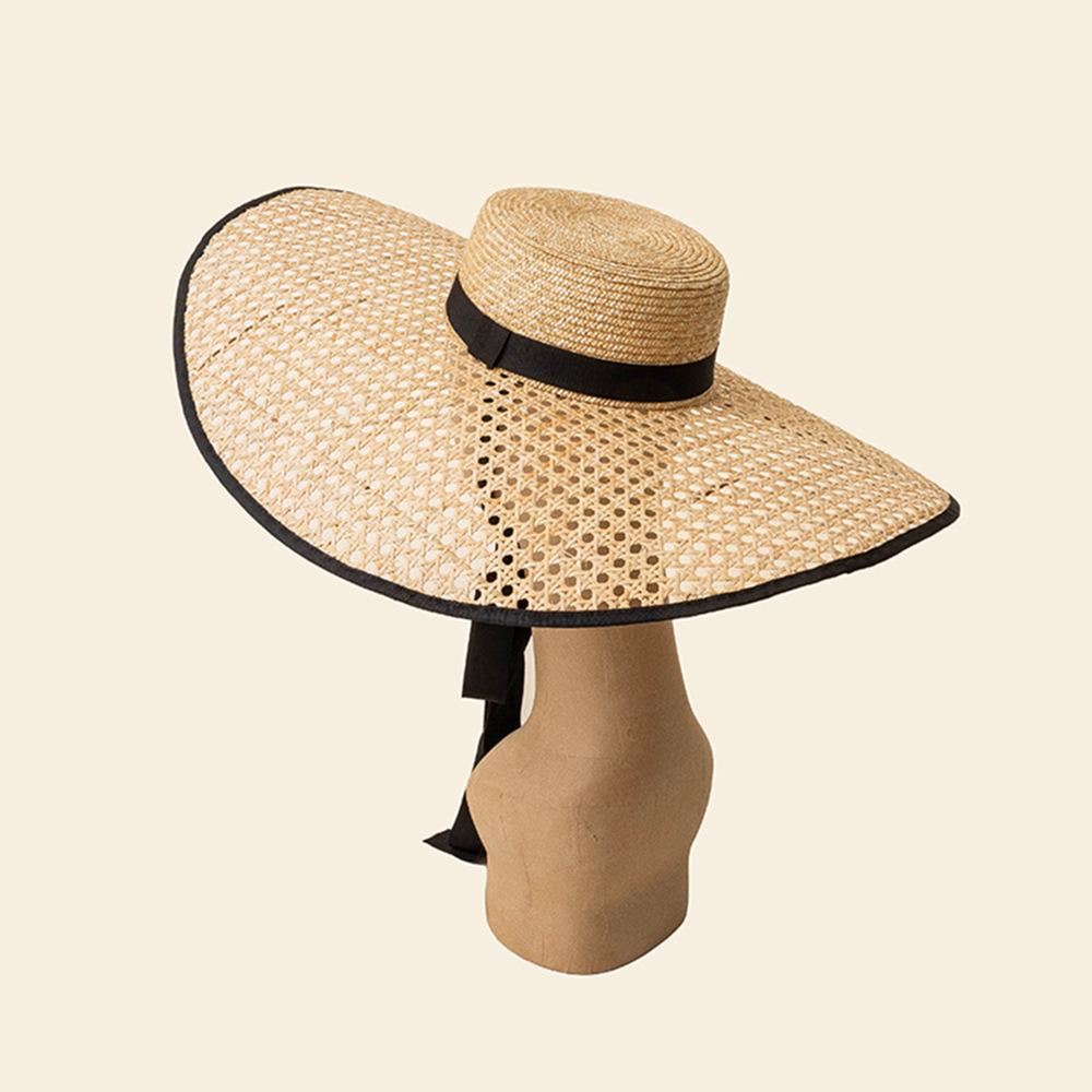 Mode Retro Handgewebt Hohl Großes Krempe Strohhut Bühne Laufsteg Sonnenschutz Sonnenschirm Flache Krone Strohhut