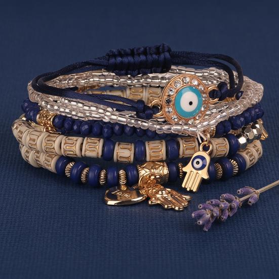 6Pcs/Set Women Bracelet Bohemia Style Elastic Rope Beads Bracelet with Palm Charm Adjustable Length Multi-layer Stackable Bracelets