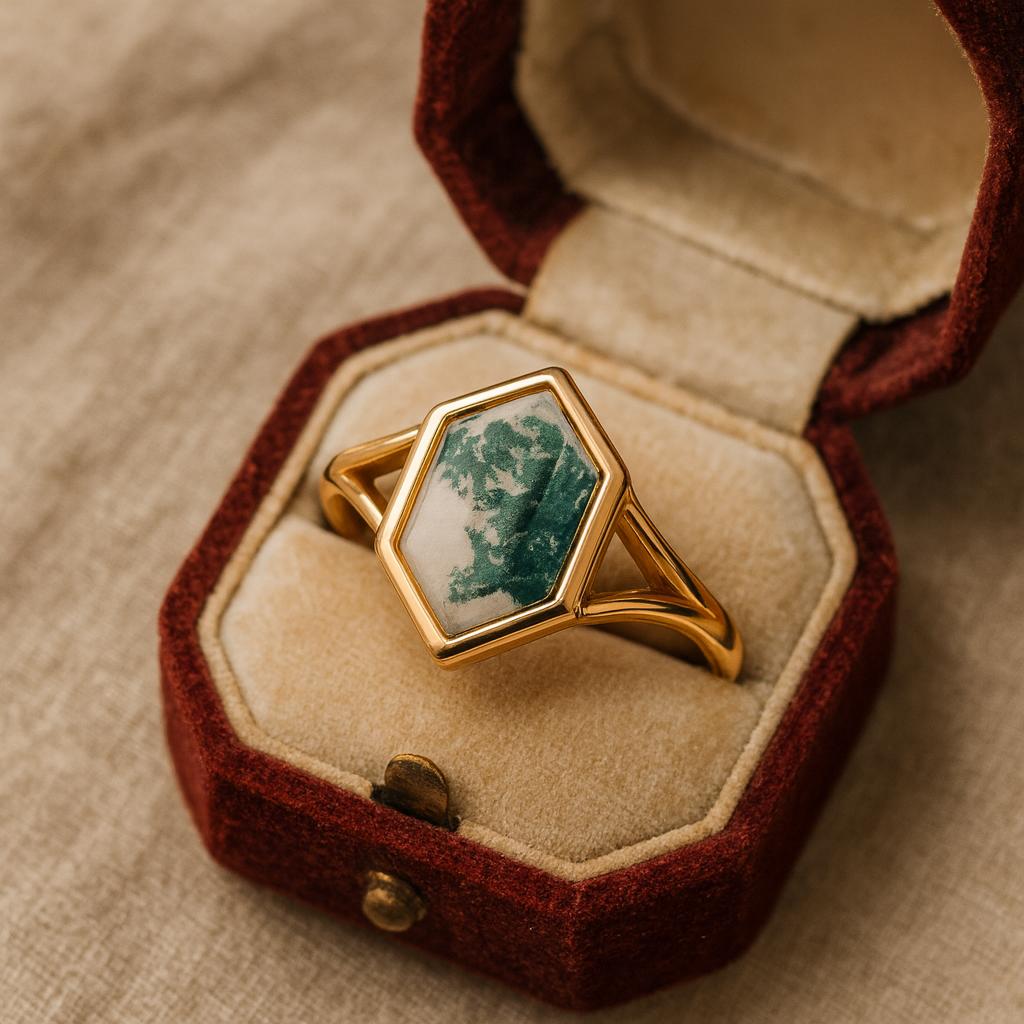 Wedding Engagement Anniversary Promise Gift – Vintage Hexagon Cut Moss Agate Ring, Yellow Gold Plated Bezel Setting Bridal Jewelry for Women