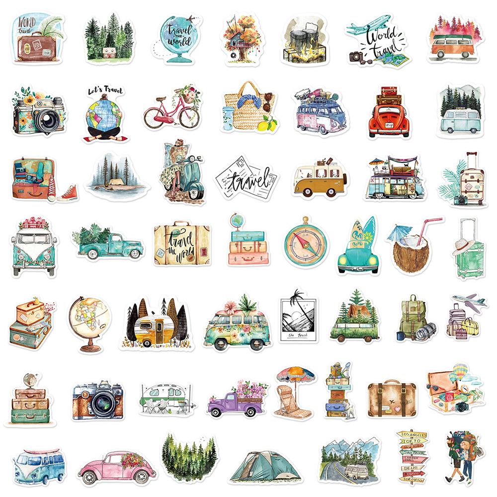 10/30/50pcs Retro Outdoor Travel Hiking Stickers Cartoon Watercolot Aesthetic Sticker Scrapbook Phone Suitcase Decals Decoration