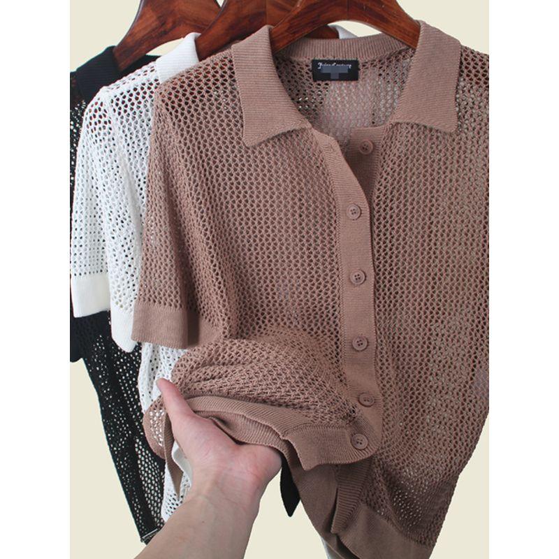 French Entry Lux Sense Polo Collar Short Sleeve Knitwear Summer Thin Hollow Sexy Single Breasted Tops