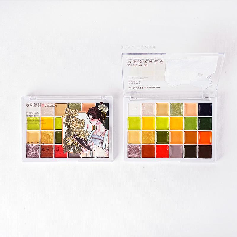 24-Farben Nationaler Stil Festes Aquarellpigment-Set Künstlerbedarf für Anfänger Handgezeichnete Illustration Kreation Aquarellfarbe