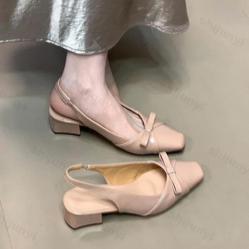 Fashion Hot Selling Women Summer Square Toe Bow Sandals 2025 New Shallow Mouth Non-slip Kitten Heel Shoes French Comfortable Sandals