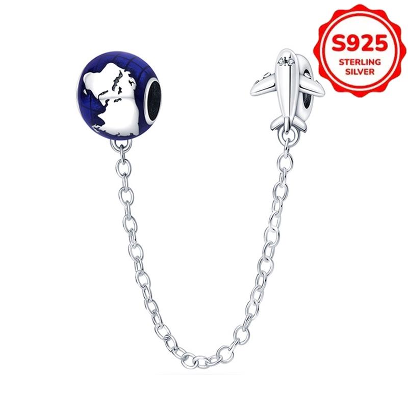 Charms 925 Silver Airplane Passport Earth Beads. Womens Original 925 Bracelets and Bangles DIY Jewelry Pendant Gift