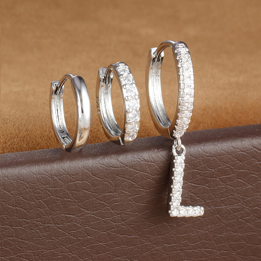 3pcs Silver Color Stainless Steel 26 Letters Hoop Earrings Set For Women A-Z Crystal Zircon Geometric Earrings Wedding Jewelry