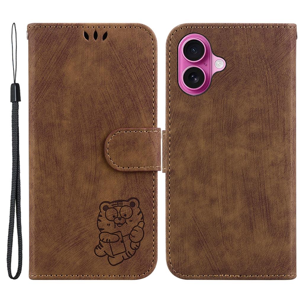 For iPhone 16 Plus Stand Case Cute Tiger Imprint Leather Wallet Phone Cover