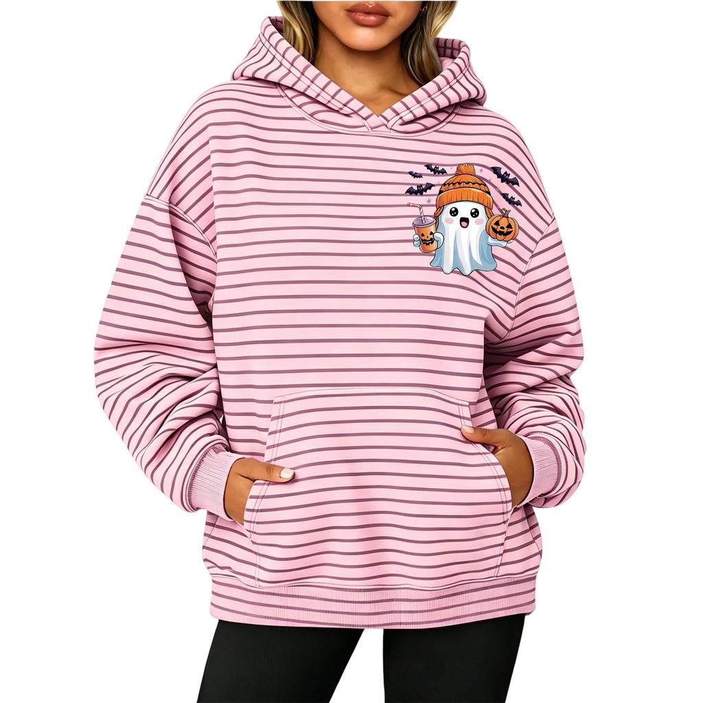 Women's Fashion Striped Print Long Sleeve Pullover Hoodie with Pockets for Halloween