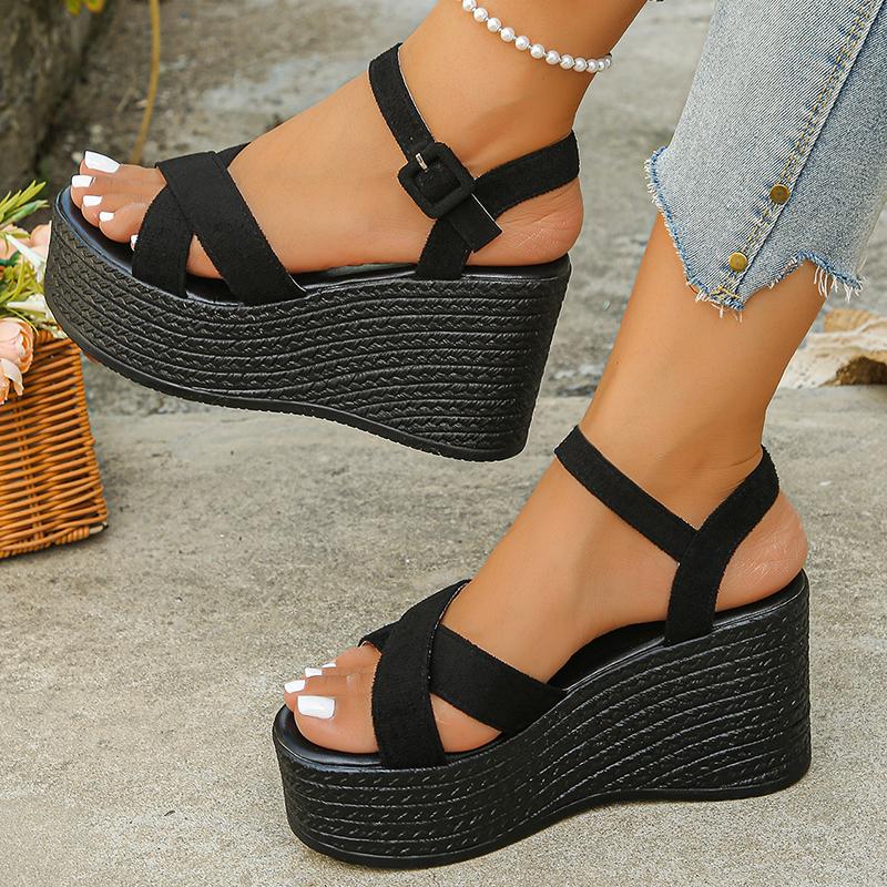 Fashion Black Cross Strap Women's Wedge Sandals Fashion Chunky Platform Sandals Woman Summer 2025 Thick Bottom Non Slip Beach Sandalias