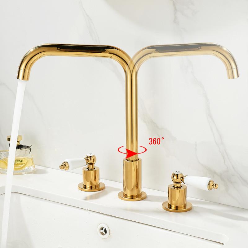 Tuqiu Gold Bathroom Faucet Brass Widespread Basin Faucet Brass Sink Faucet 3 Hole Double Handle Hot & Cold Wash Faucet Water Tap
