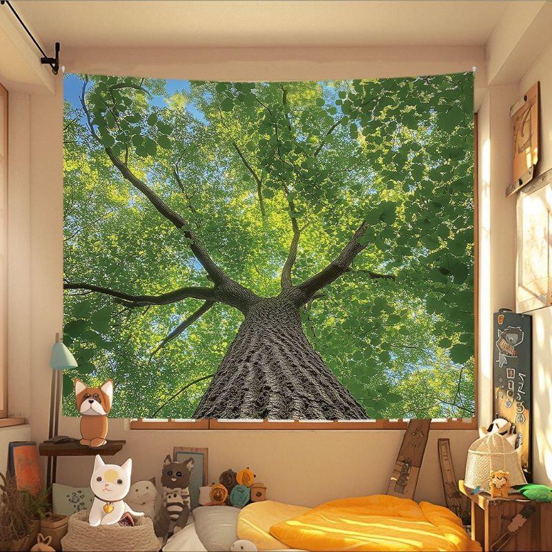 Lush Green Tree Canopy Tapestry Wall Hanging Blue Sky Forest Nature Photography Aesthetic Wall Art Bedroom Living Decor