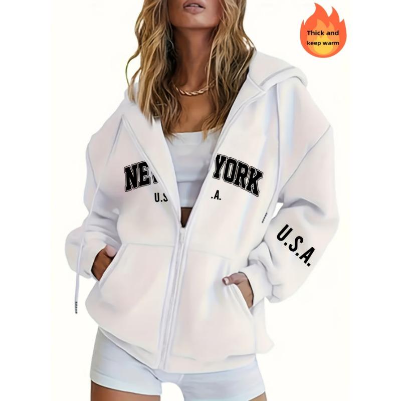 Sweat à capuche zippé décontracté pour femme, Sweat-shirt imprimé lettres