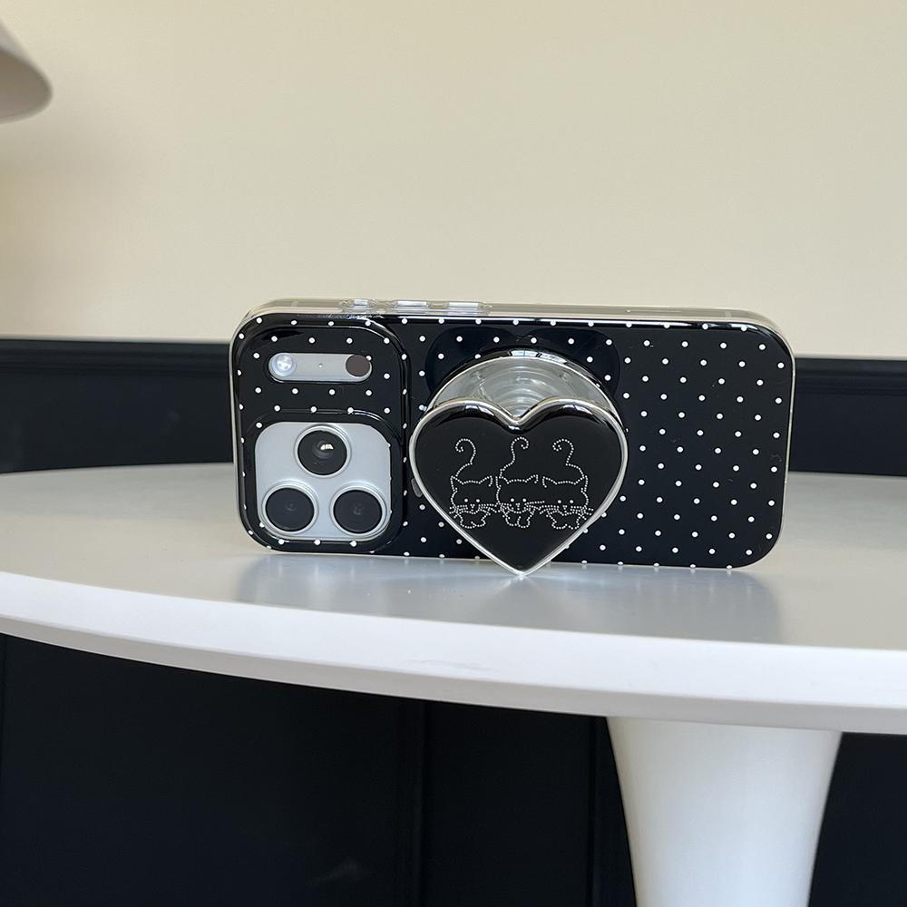 3D Cute Heart Black Polka Dots Magnetic Wireless Charging Phone Case for iPhone 16 15 14 17 Pro Max For Magsafe Case Funda