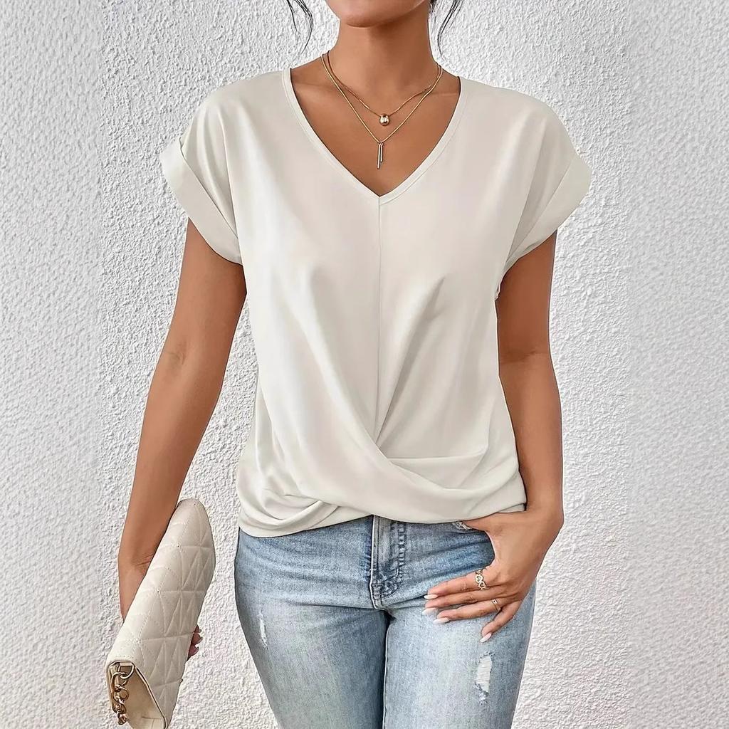 Ladies Summer Short Sleeve V Neck Knot Breathable Solid Color Pullover T Shirt Top