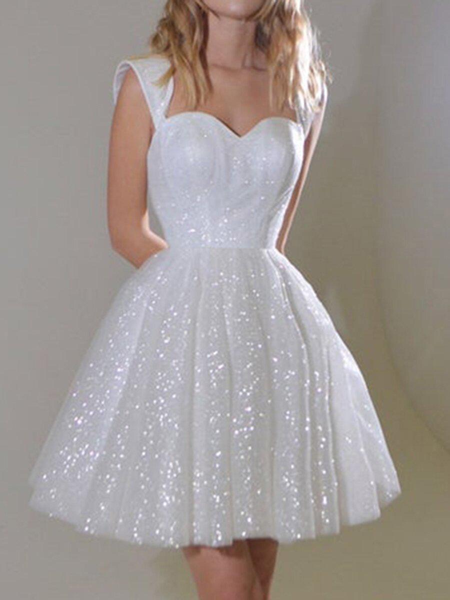 2026 Sequined Spaghetti Strap Formal Evening Dress - Short Style Princess Banquet L белый