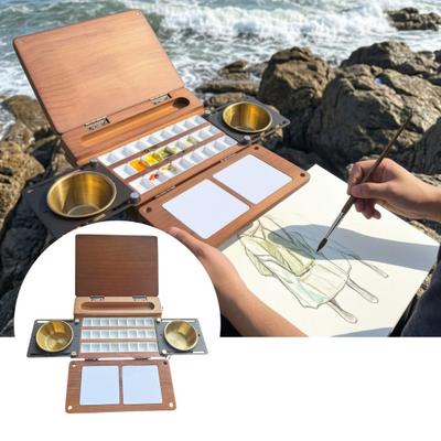 24-Grid Watercolor Palette Box Travel Paint Palette with Brush Cup Holders Two Mixing