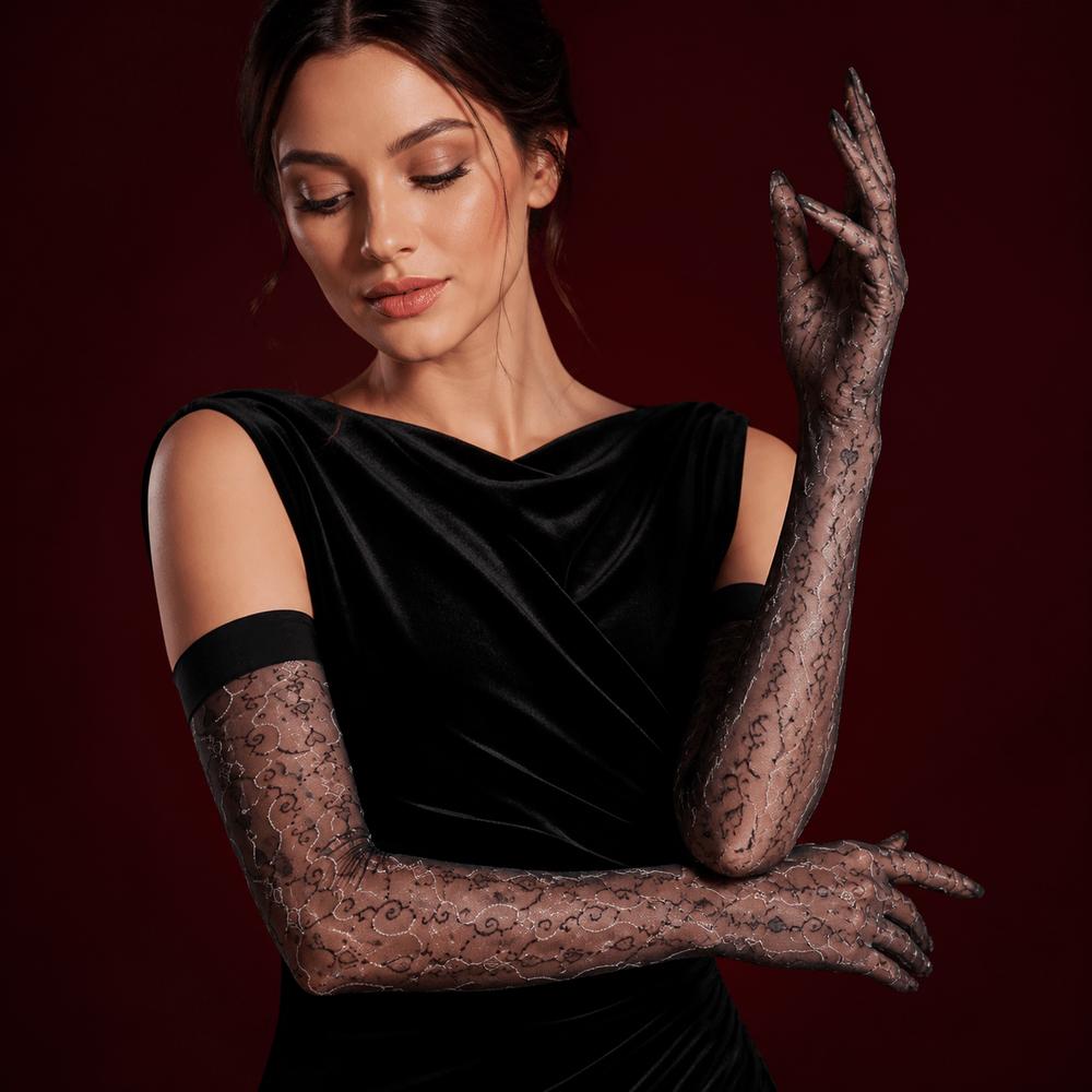 Sexy Oil Shiny Five-Finger Glove Floral Stocking Glove New Jacquard Glove for Women