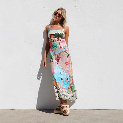 New European and American Sexy Suspender Graffiti Linen Print Large Pendulum Dress for Women