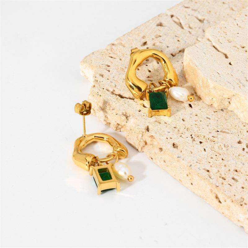Delicate French Vintage Earrings for Women Girl Green Cubic Zirconia Pendant Earrings Fashion Geometric Pearl Charms Jewelry