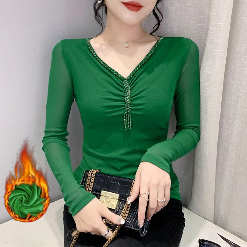 Dámské sexy tričko s dlouhým rukávem a výstřihem do V, korálkový top s plusovým sametem, podzimní a zimní všestranné síťované základní tričko